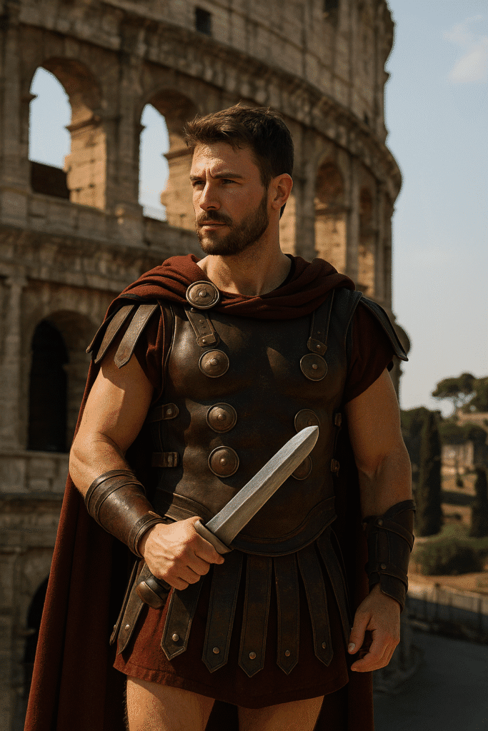 Joven gladiador posando frente al Coliseo de Roma, Italia