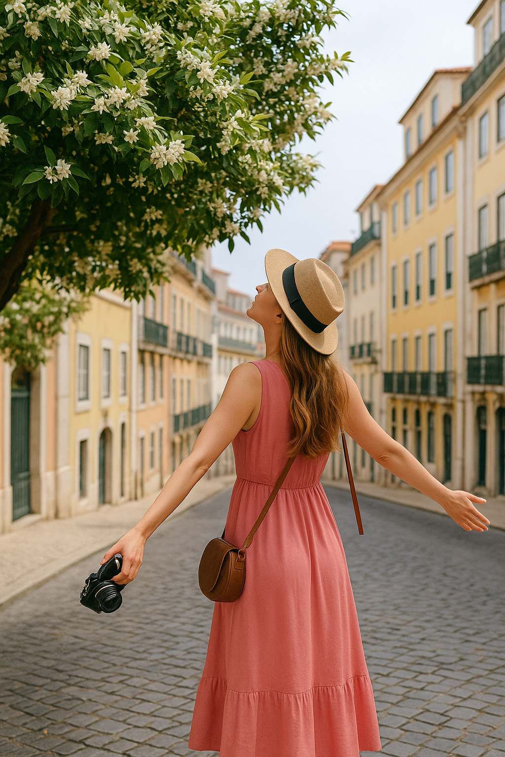 Mujer con vestido rosa disfrutando el aroma de los azahares en Lisboa