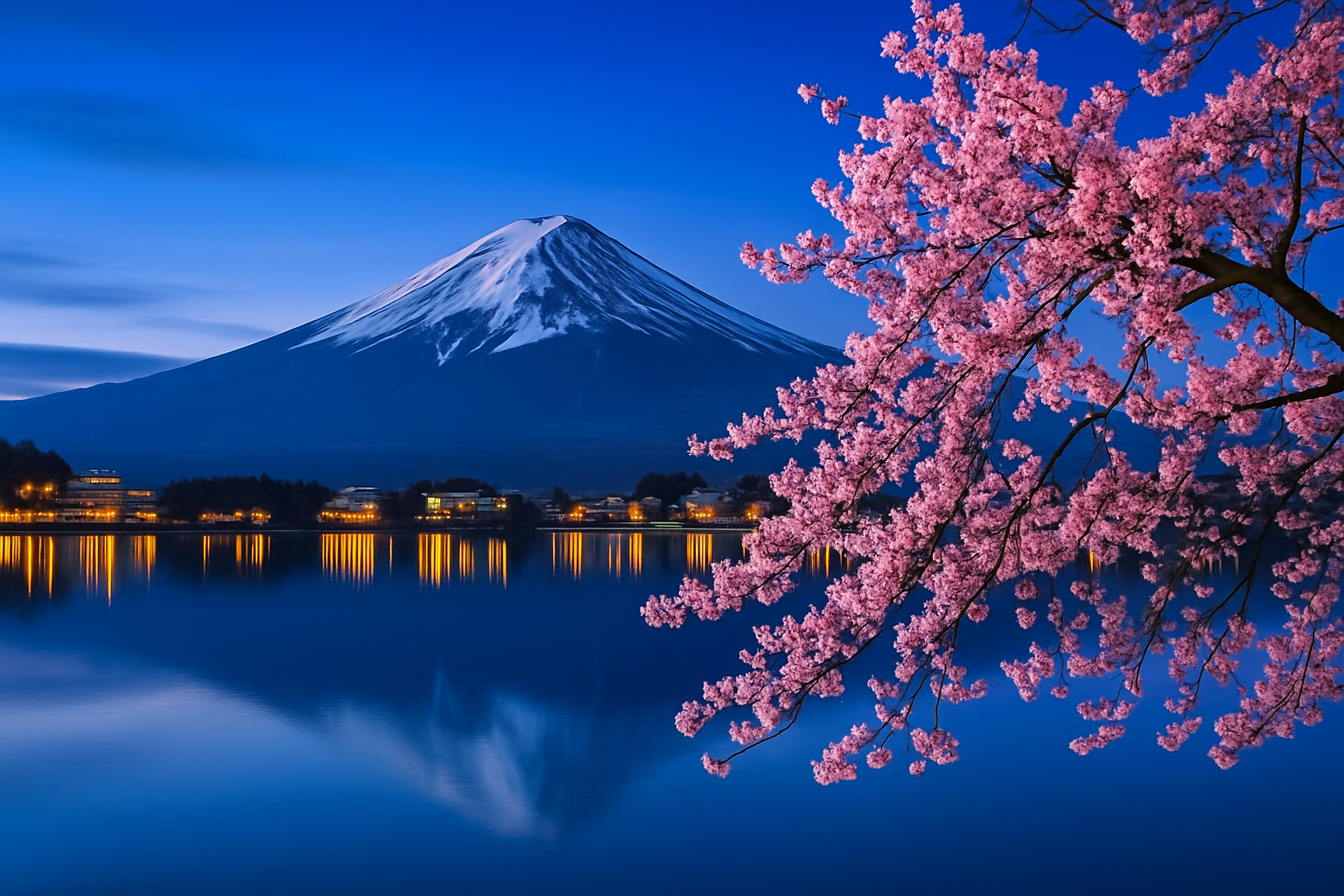 Monte Fuji y sakura reflejados en el lago